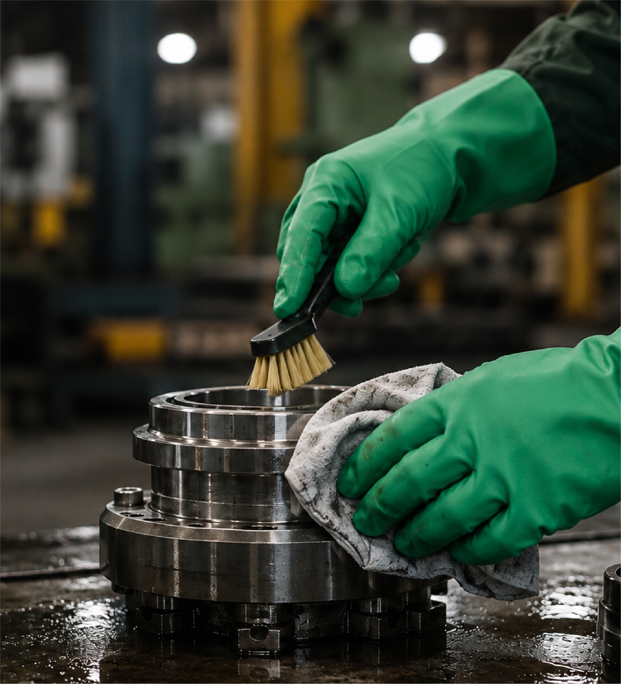 Industrial cleaning with chemical-resistant gloves